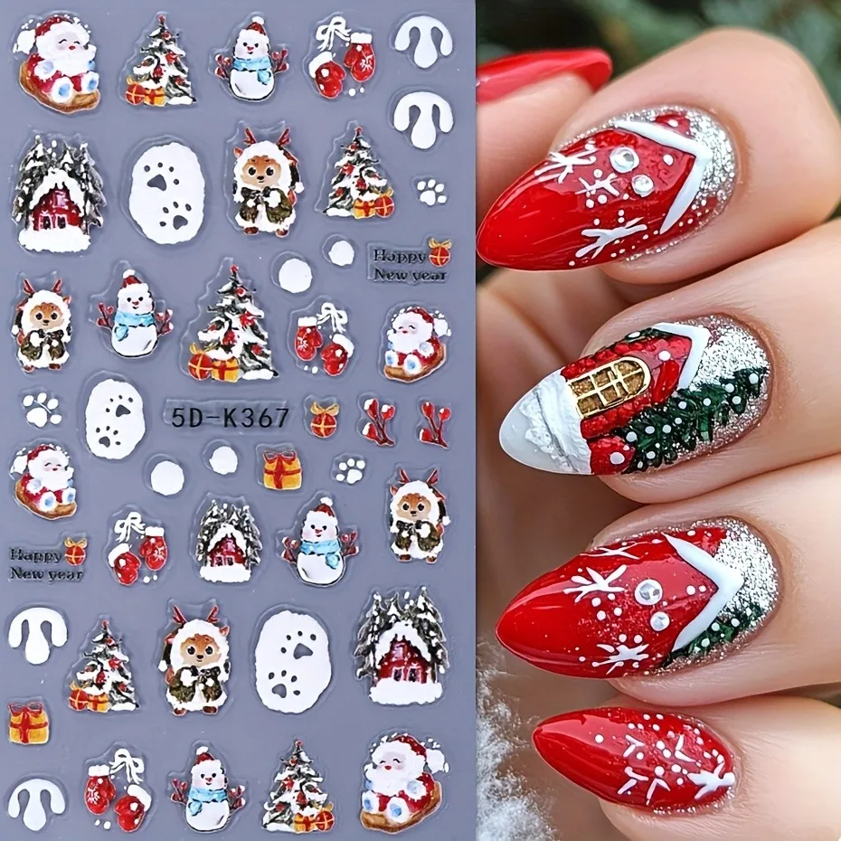 2PCS Winter Christmas relief nail stickers, easy to apply for nail decoration DIY、Gifts, parties, and wedding makeup and styling