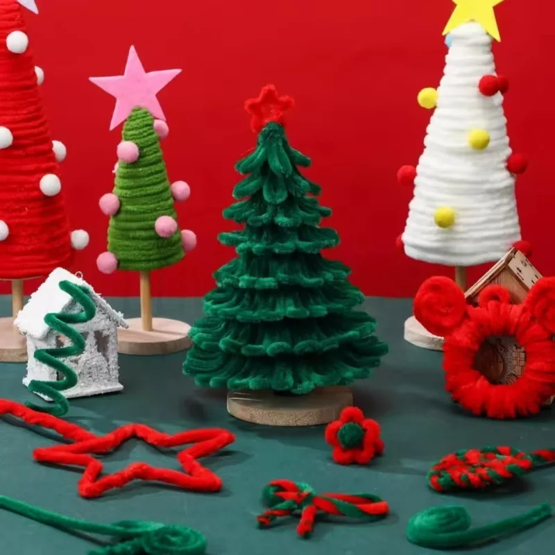 100-300 Pcs Thick Christmas Red White Green Chenille Stems for Christmas Art and Craft Projects Creative DIY Decorations