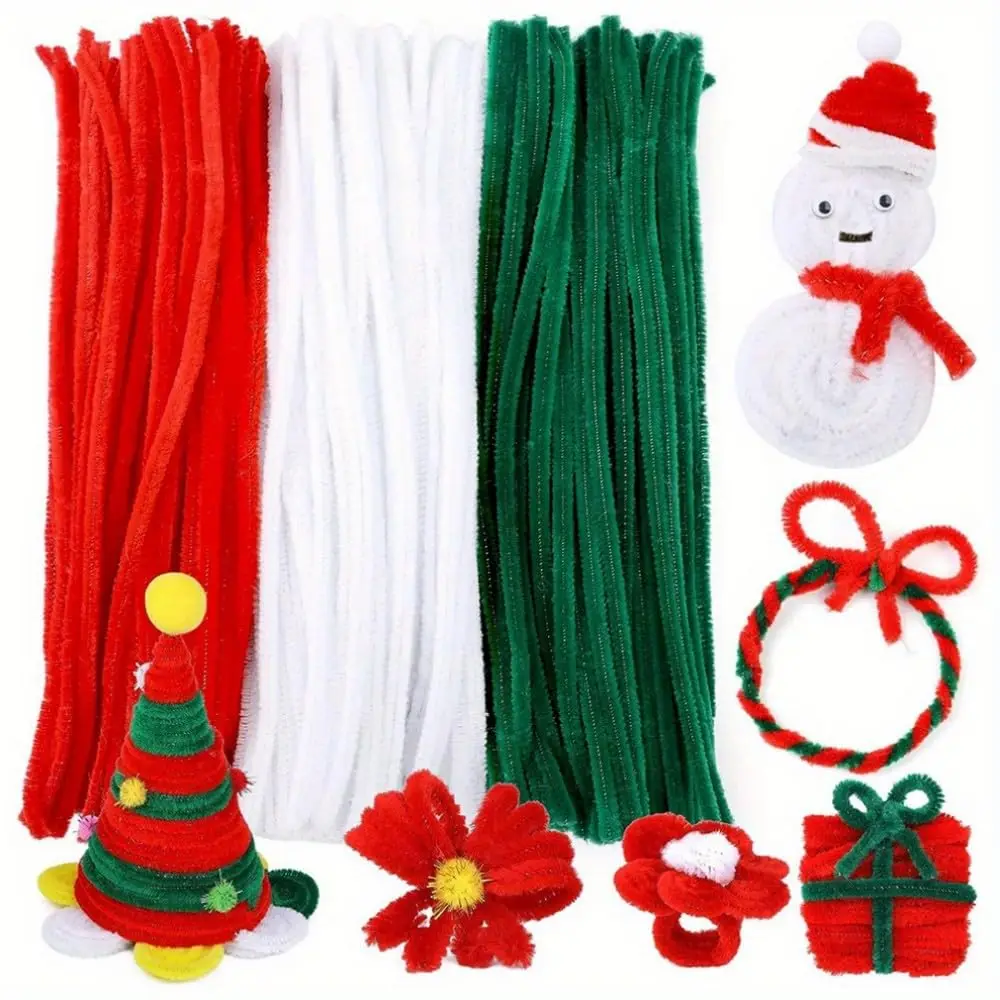 100-300 Pcs Thick Christmas Red White Green Chenille Stems for Christmas Art and Craft Projects Creative DIY Decorations