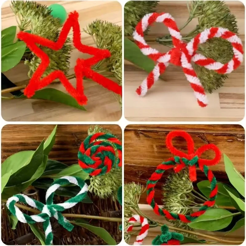100-300 Pcs Thick Christmas Red White Green Chenille Stems for Christmas Art and Craft Projects Creative DIY Decorations