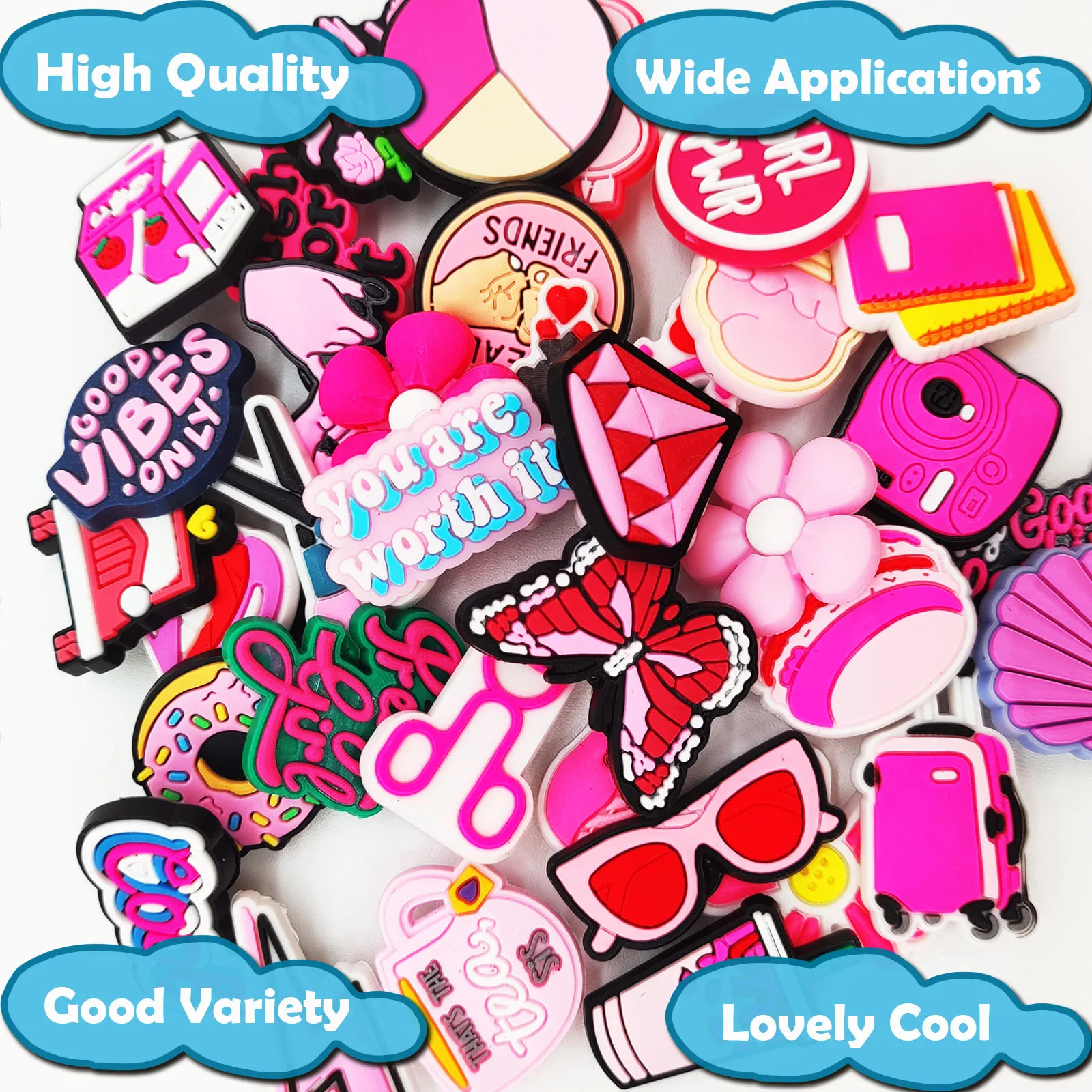 Random 10-100Pcs Pink Series Shoe Charms , PVC Shoe Decorations Accessories for Christmas, Birthday, Party, Gift Shoes Pins