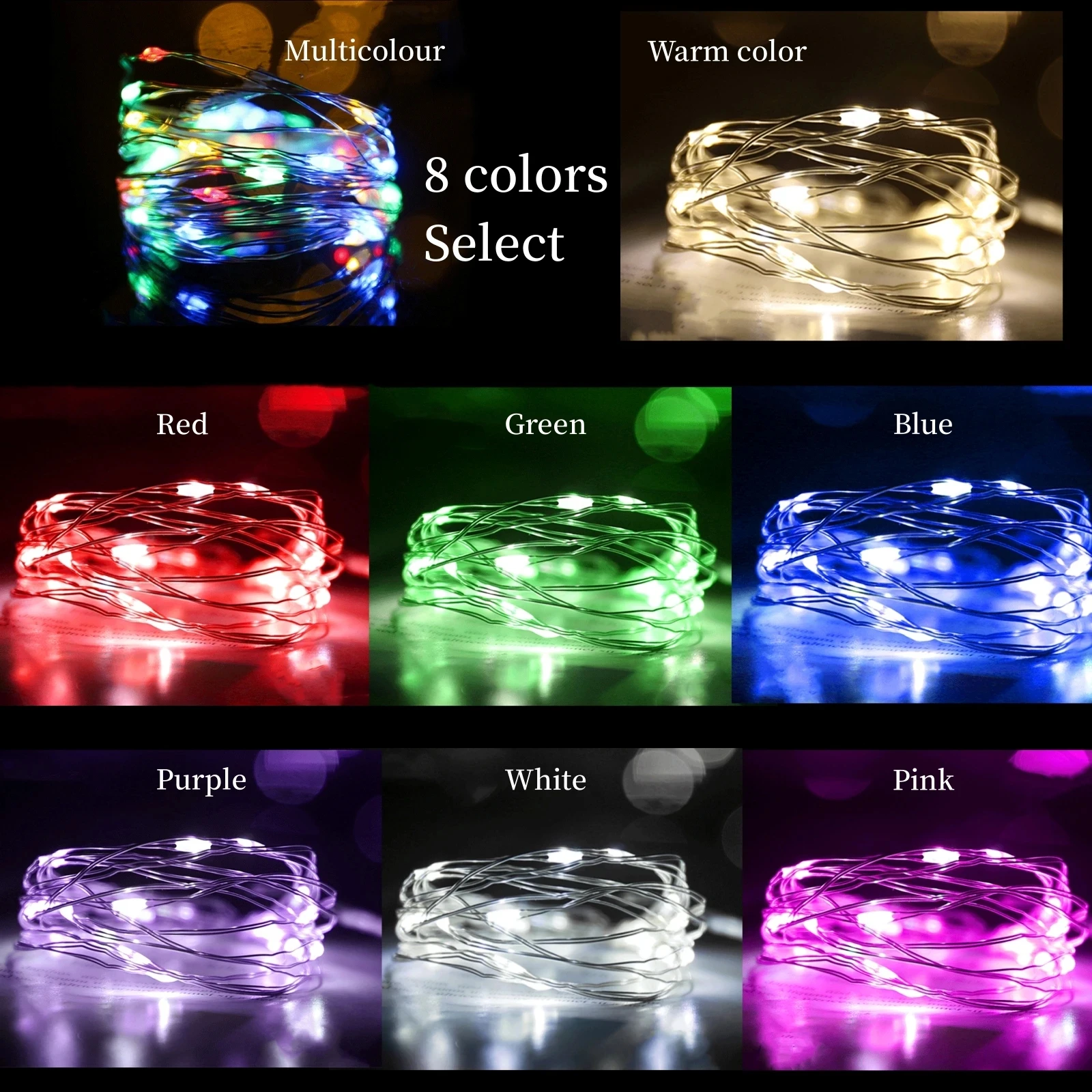 8Pcs 8colors Fairy Lights String Button Battery Home Decor Living Bedroom Garden Christmas Wedding New Year Ornament Garland