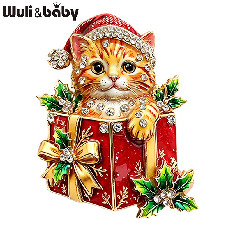 Wuli&baby Lovely Christmas Cat Brooches For Women Unisex 2-color Rhinestone Gifts Box New Year Party Brooch Pins