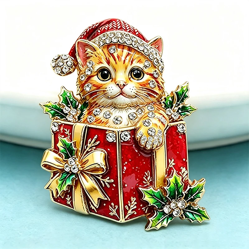 Wuli&baby Lovely Christmas Cat Brooches For Women Unisex 2-color Rhinestone Gifts Box New Year Party Brooch Pins