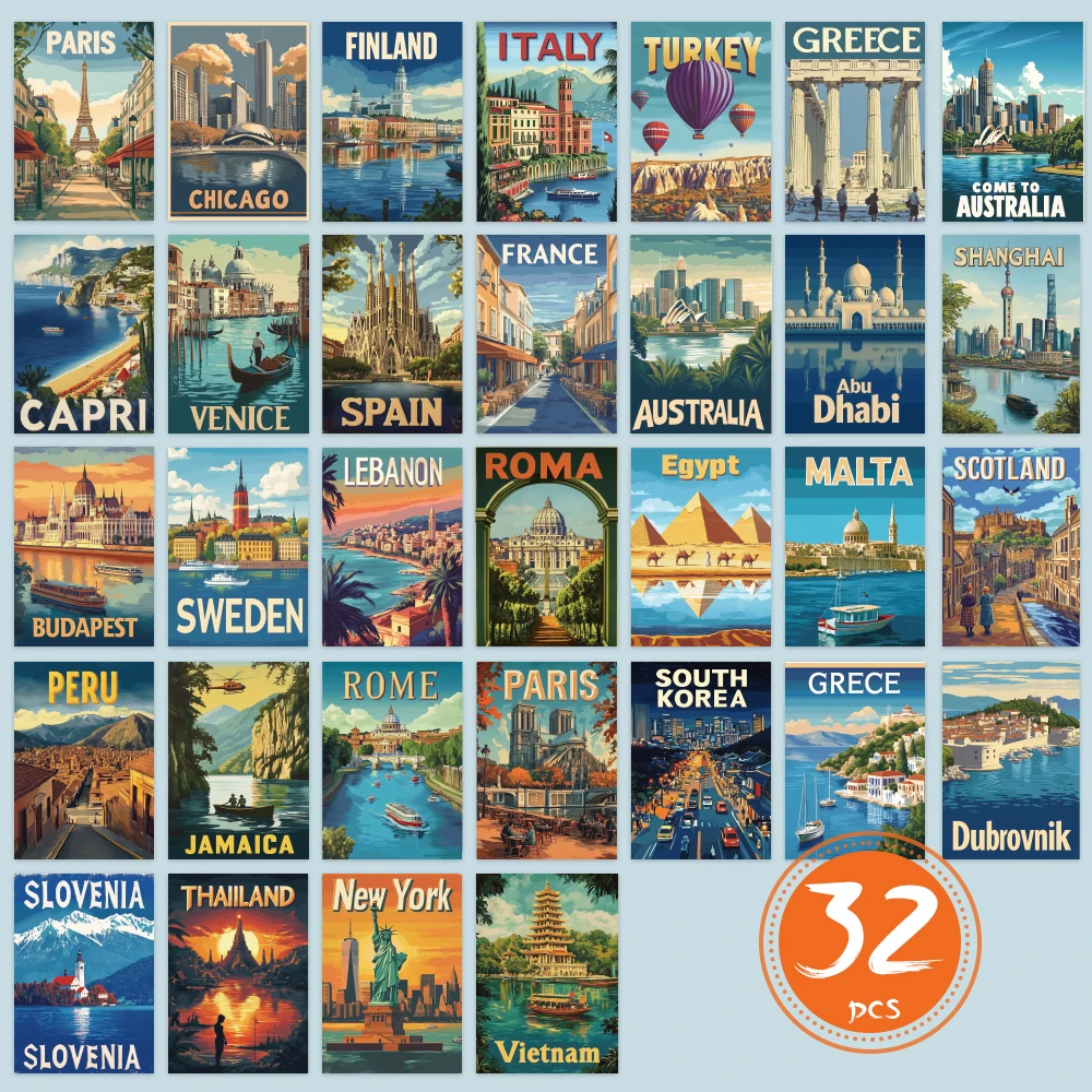 32pcs Travel Postcard Set, City Scenery High-Definition Cards, Living Room Decor, Christmas Gift, Student Present, Affordable