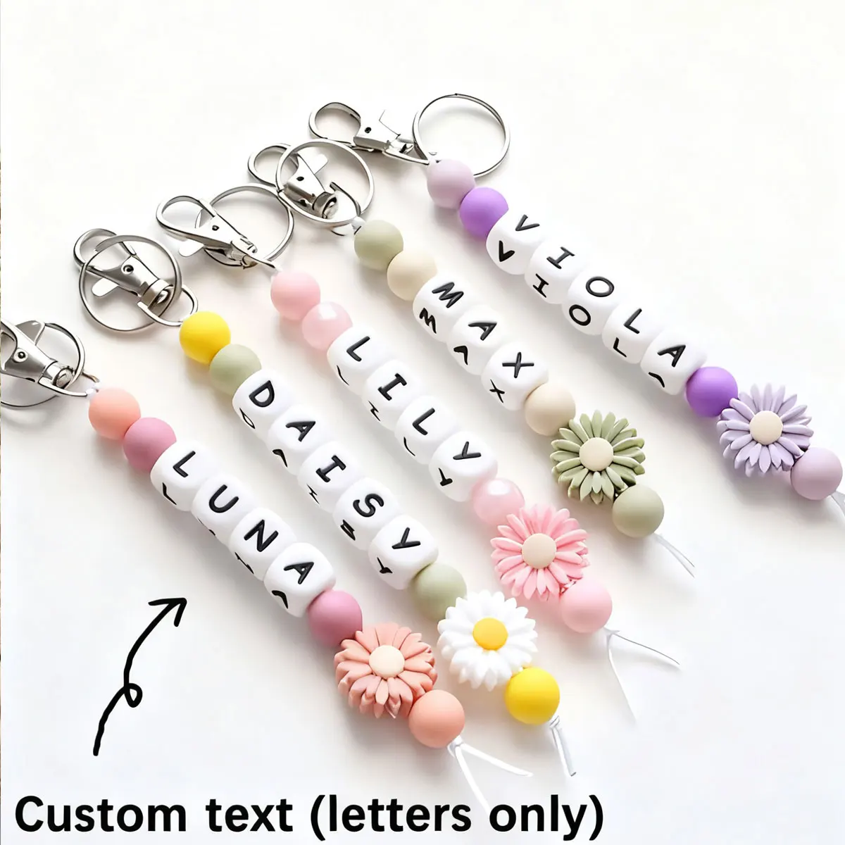 1 Personalized Custom Daisy Silicone Keychain, Beaded Keychain, Bag/Cup Charm, Name Tag Keychain, Christmas Gift