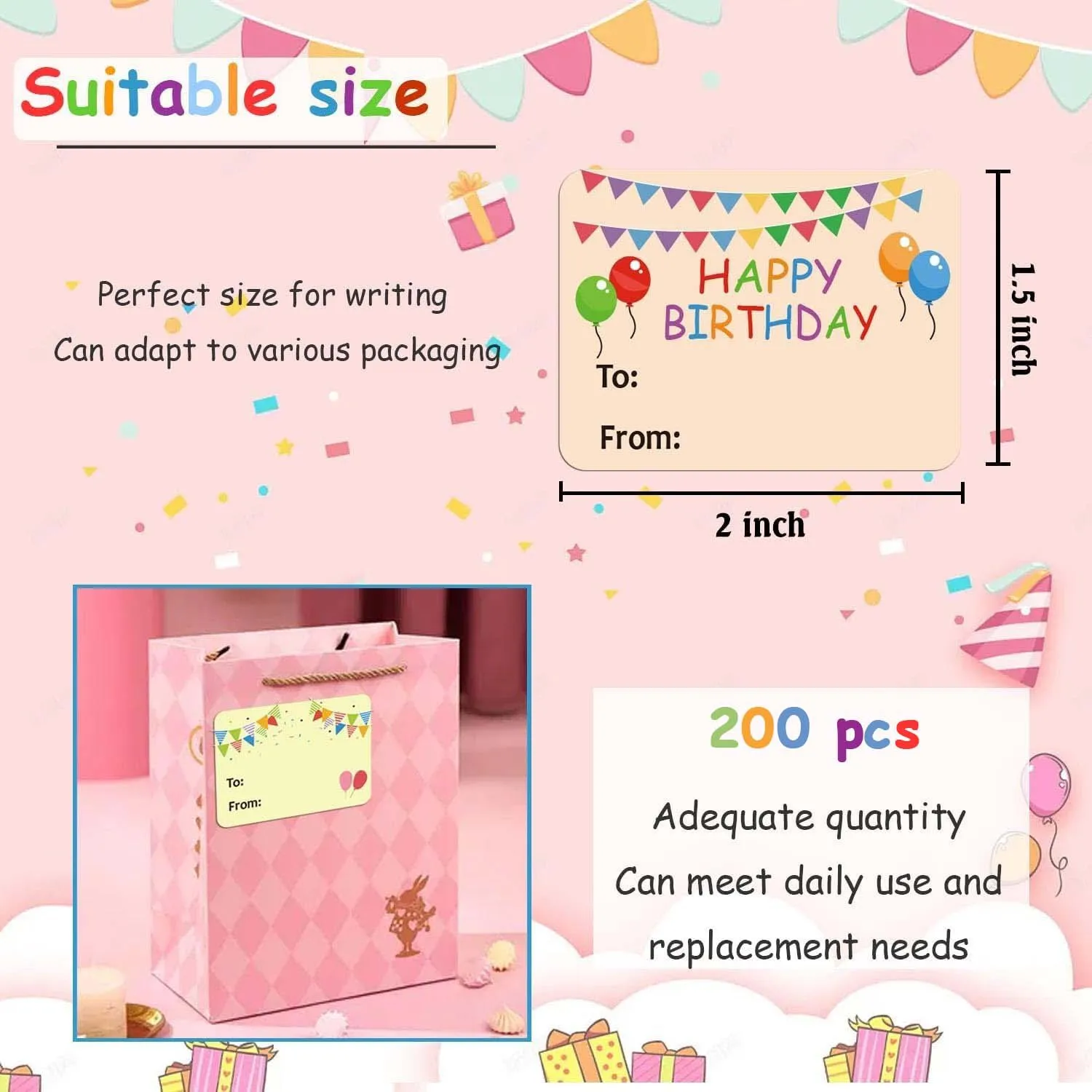 200 Pcs Happy Birthday Gift Tags Name Tags Stickers 1.5 X 2 Inch - Rectangle Christmas to From Labels Present Label