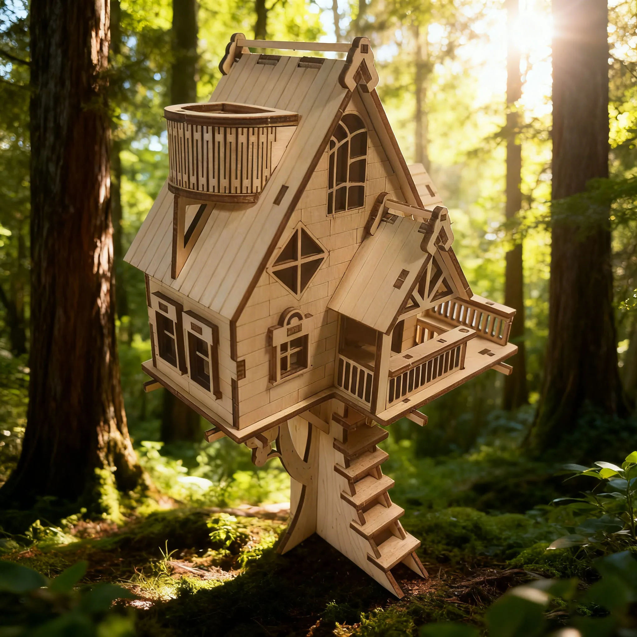 DIY Wooden Tree-Shaped House Model Kit 3D Puzzle Construction Fun Set Wooden Building Blocks Christmas & Halloween Gift