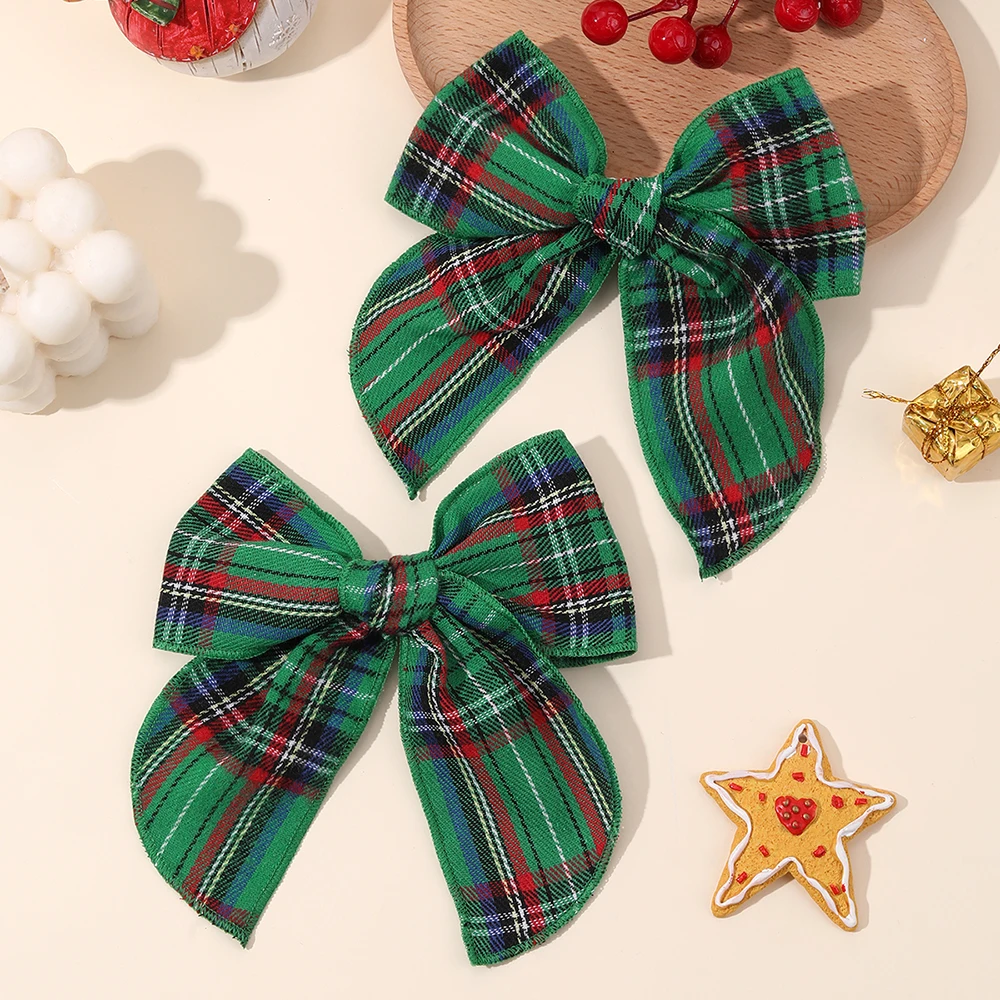 2pcs Retro Christmas Plaid Bow Hair Clips For Girls Festive Checkered Fabric Hairpins Holiday Parties Christmas Hair Accessories