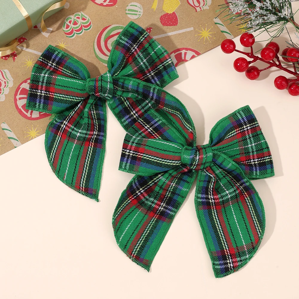 2pcs Retro Christmas Plaid Bow Hair Clips For Girls Festive Checkered Fabric Hairpins Holiday Parties Christmas Hair Accessories