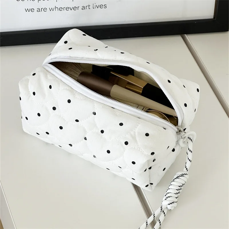 Ladies' Cosmetic Bag Canvas Polka Dot Sweet Cute Kawaii Makeup Bag Christmas Hand-held Large Capacity Storage Bag Case for Girl