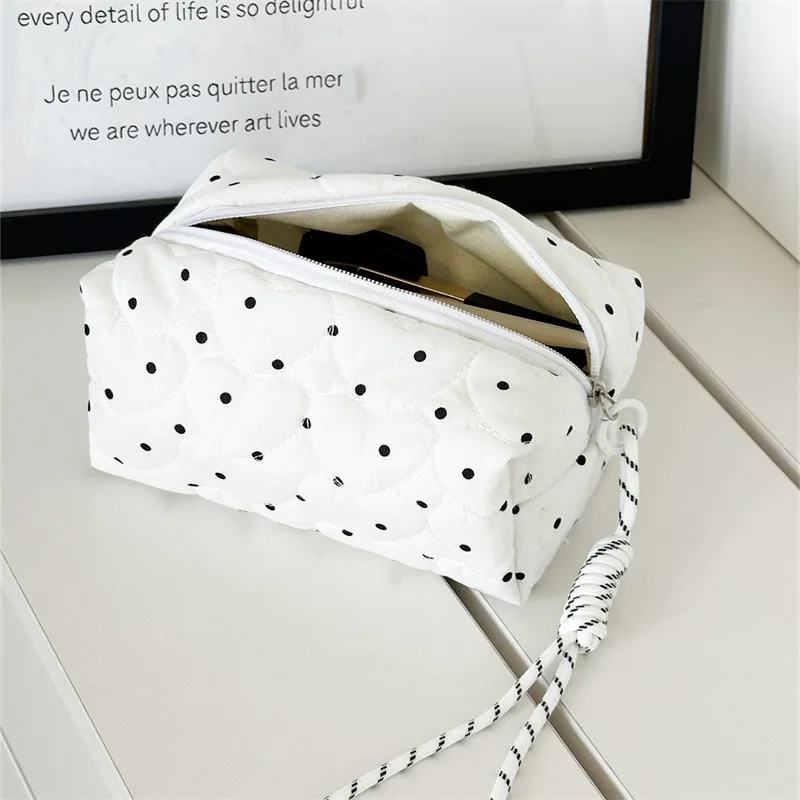Ladies' Cosmetic Bag Canvas Polka Dot Sweet Cute Kawaii Makeup Bag Christmas Hand-held Large Capacity Storage Bag Case for Girl