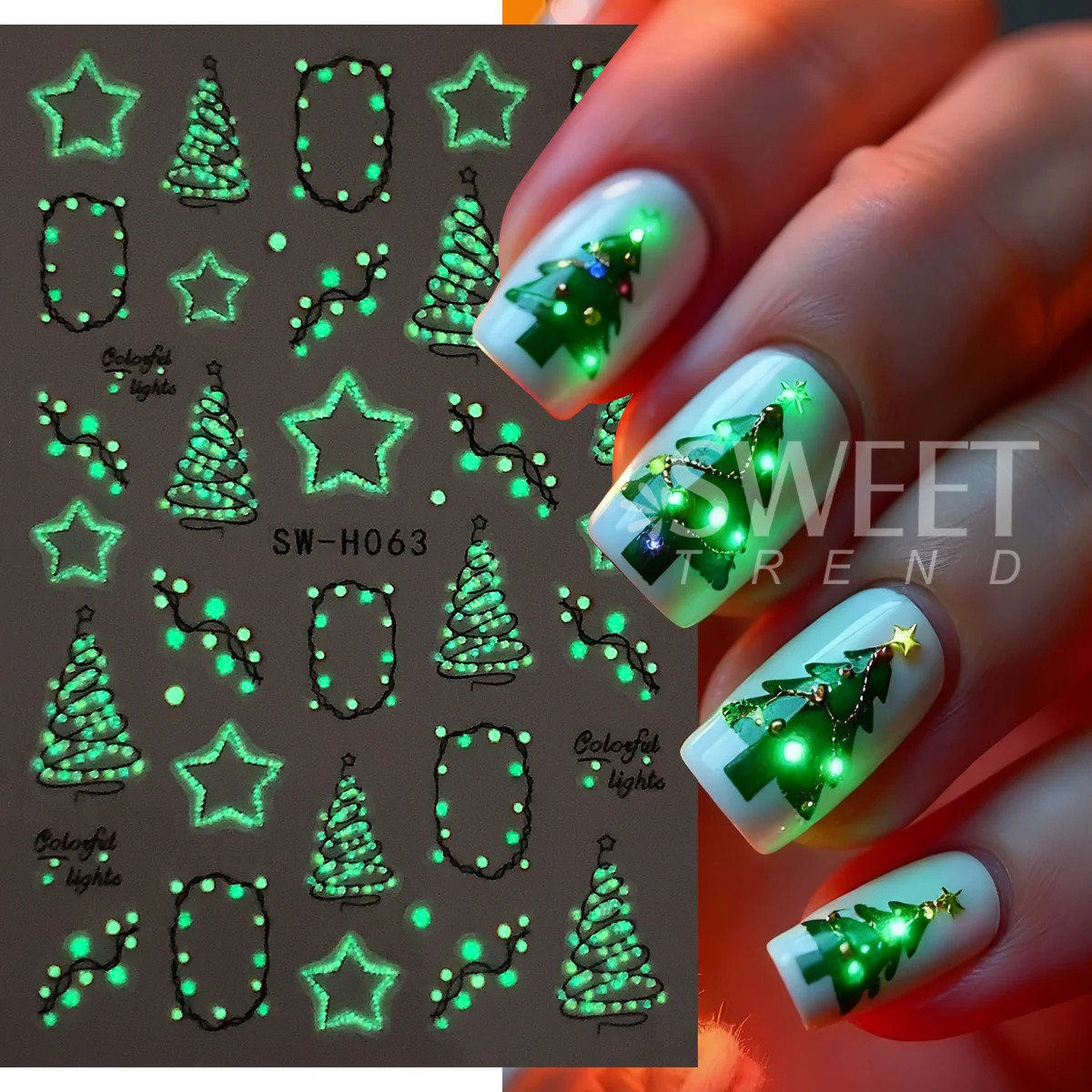 2pcs Luminous Christmas Light Nail Sticker Simple Xmas Tree Star Adhesive Decals Glow In The Dark Night Creative Winter Manicure