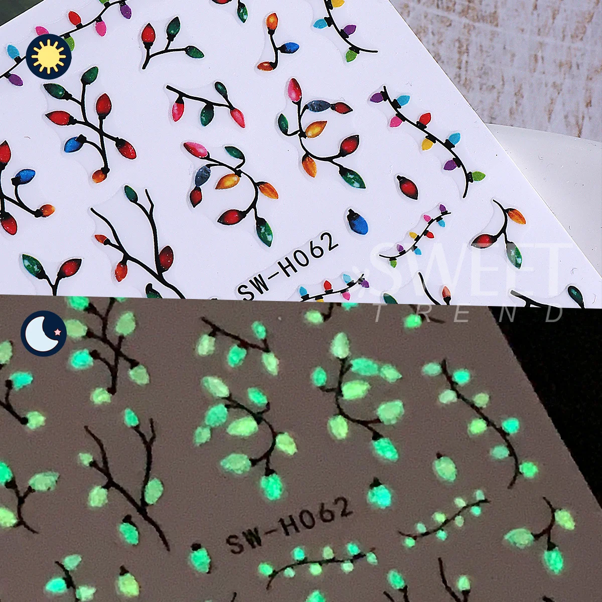 2pcs Luminous Christmas Light Nail Sticker Simple Xmas Tree Star Adhesive Decals Glow In The Dark Night Creative Winter Manicure