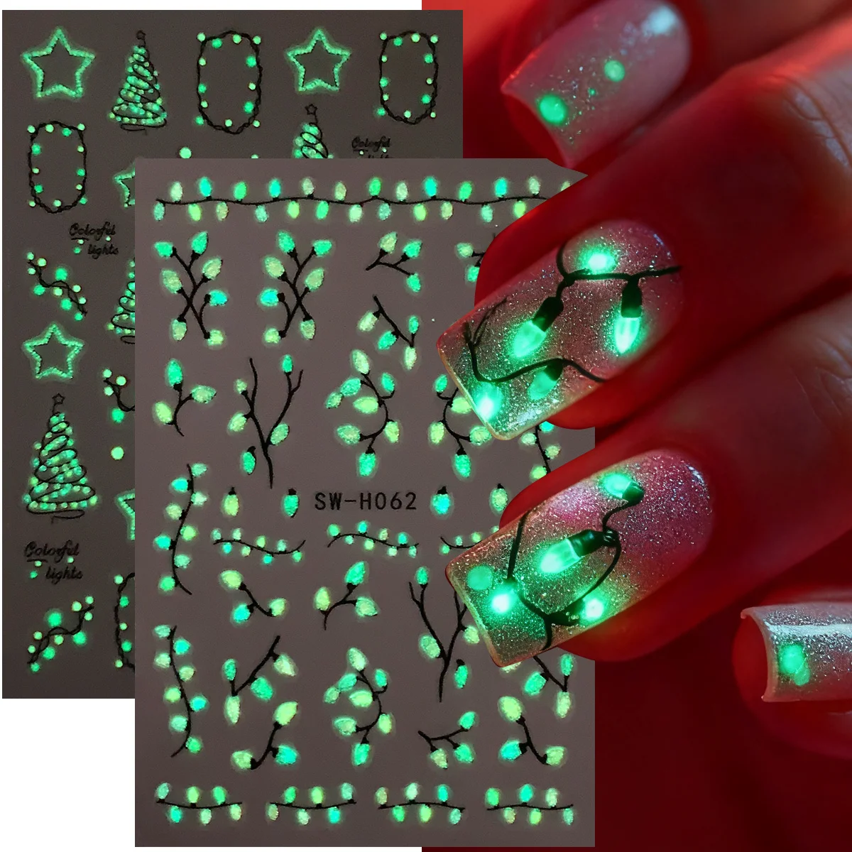 2pcs Luminous Christmas Light Nail Sticker Simple Xmas Tree Star Adhesive Decals Glow In The Dark Night Creative Winter Manicure