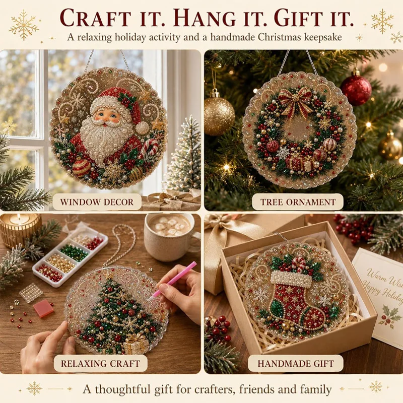DIY Pearl Diamond Painting Suncatcher Craft Kit Round Acrylic Christmas Series Pendant Pearl Beads Craft Kit For Home Decoration