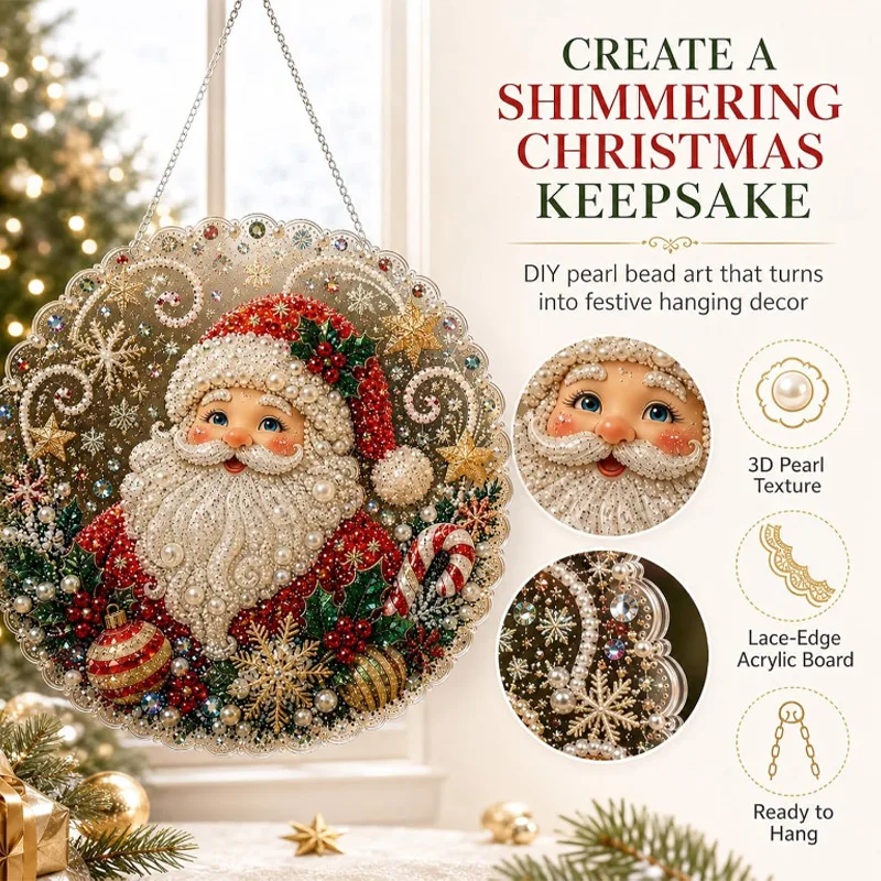 DIY Pearl Diamond Painting Suncatcher Craft Kit Round Acrylic Christmas Series Pendant Pearl Beads Craft Kit For Home Decoration