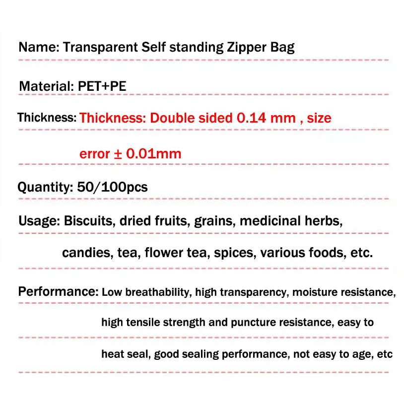50/100pcs Transparent Zipper Bags, Reusable Storage Bag for Candies, Pasta, Spices, Birthdays, Party, Christmas Gifts, Packaging