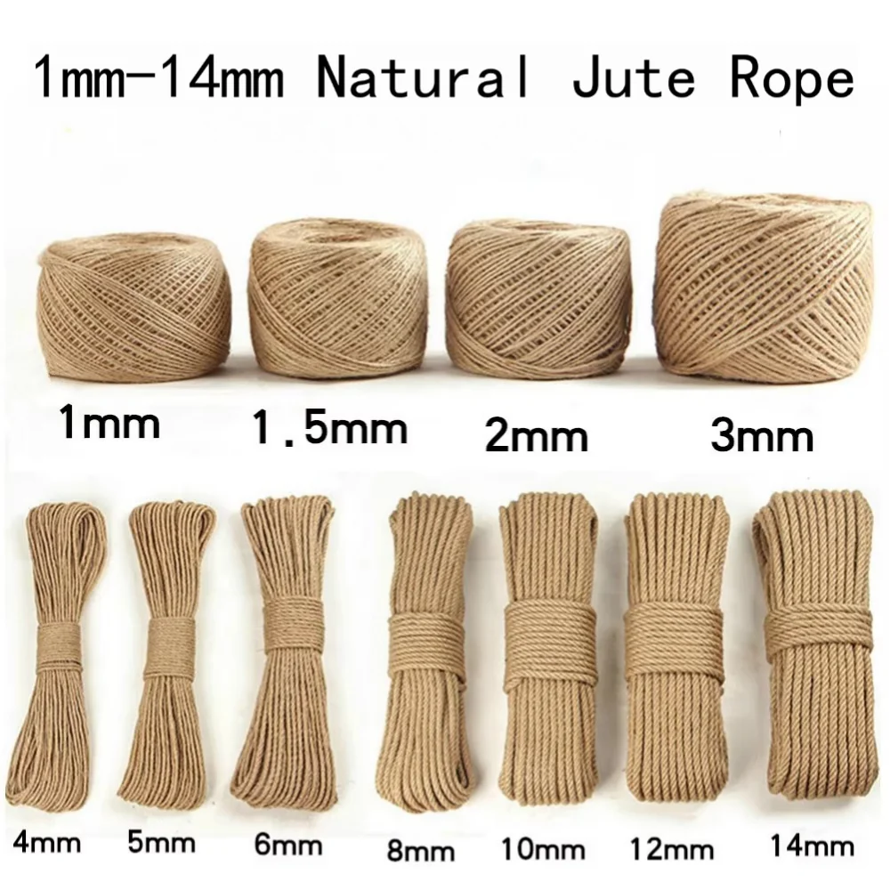 1mm-14mm Natural Jute Rope Cord Twine Ribbon Craft DIY Wedding Jute String Thread Handmade Sewing Party Christmas Home Decortion