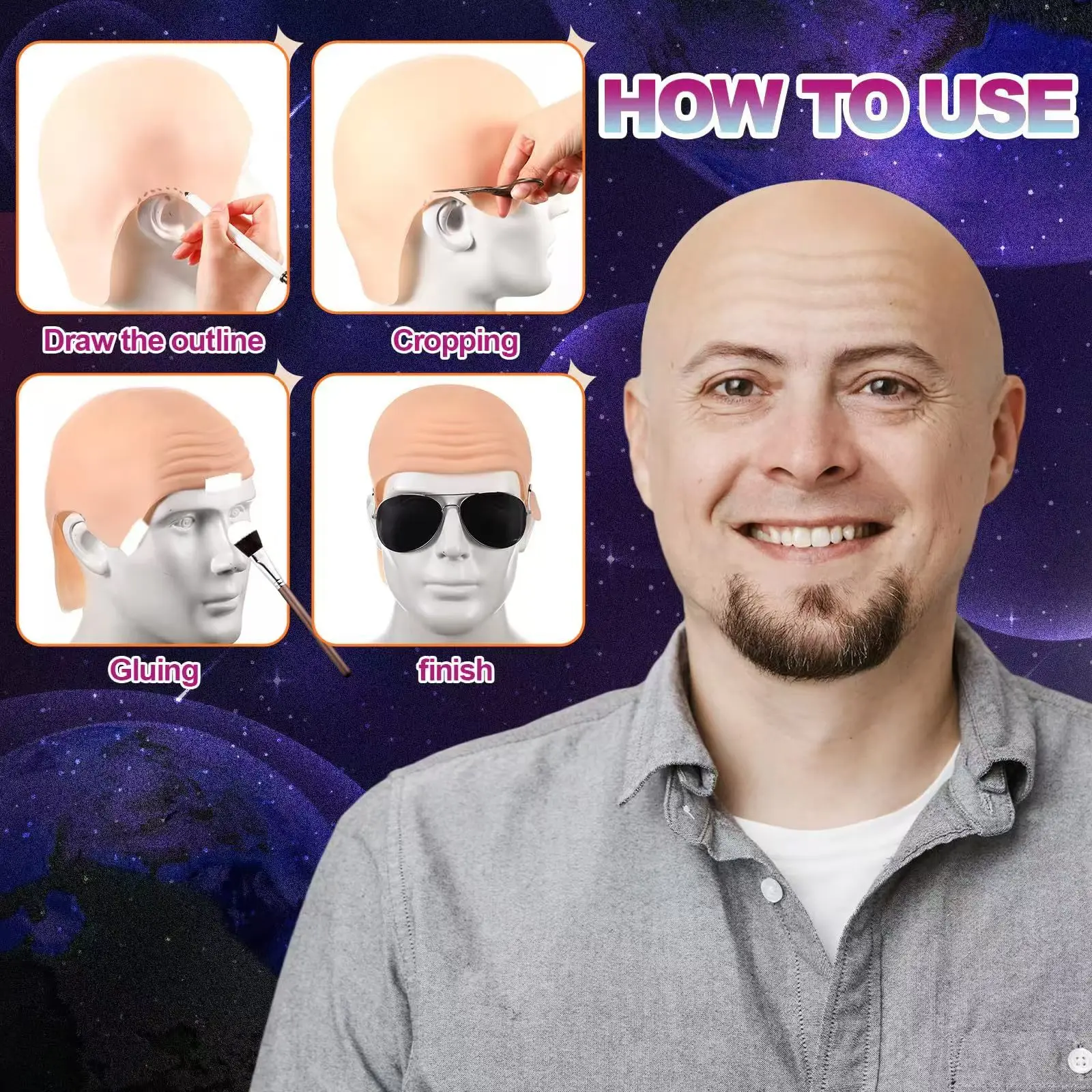 Bald Outfit Cosplay Accessories Set with Latex Bald Hat And Nylon Wig Cap for Halloween Christmas Carnival April Fool's Party