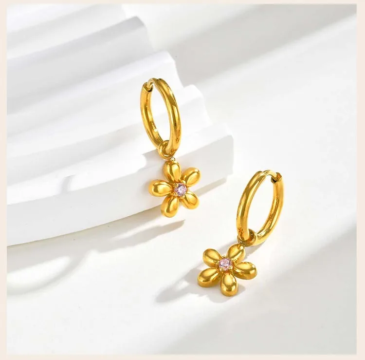 Vintage Luxury Zircon Flower Charms Huggies Hoop Earrings,18k Gold Plated Stainless Steel Earrings, Christmas Gift for Her