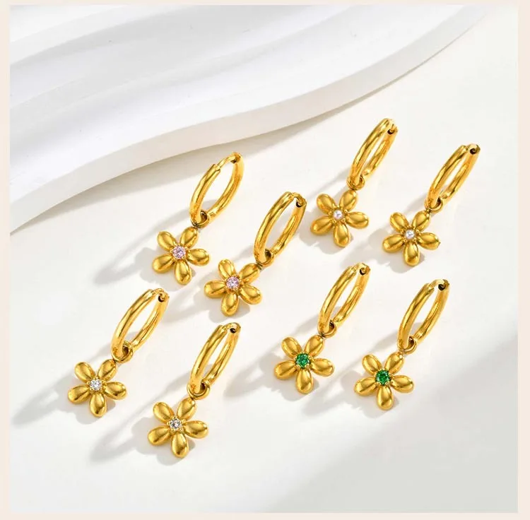Vintage Luxury Zircon Flower Charms Huggies Hoop Earrings,18k Gold Plated Stainless Steel Earrings, Christmas Gift for Her