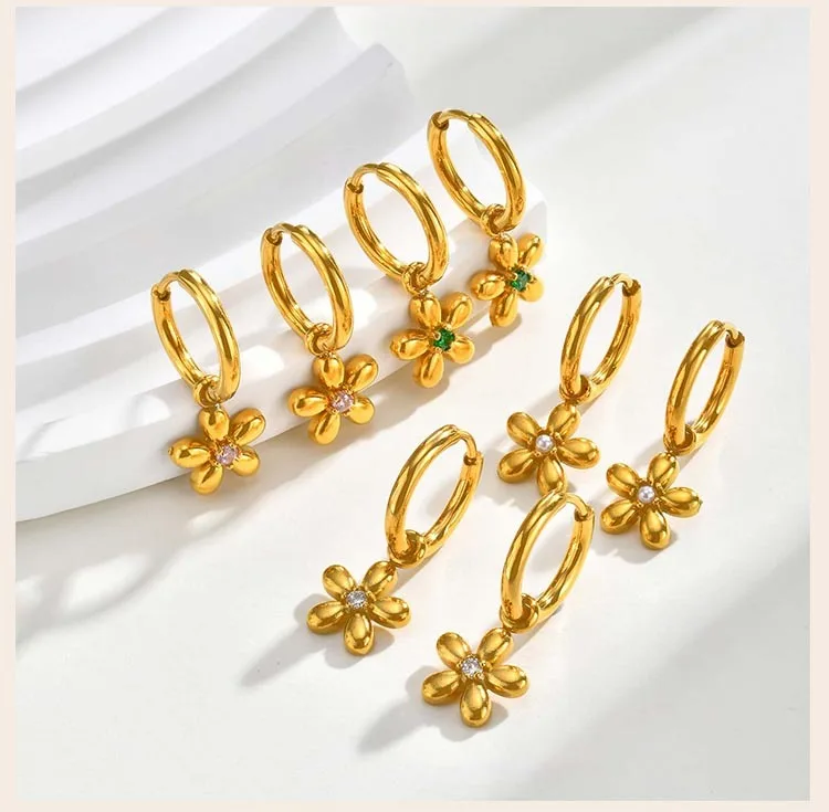 Vintage Luxury Zircon Flower Charms Huggies Hoop Earrings,18k Gold Plated Stainless Steel Earrings, Christmas Gift for Her