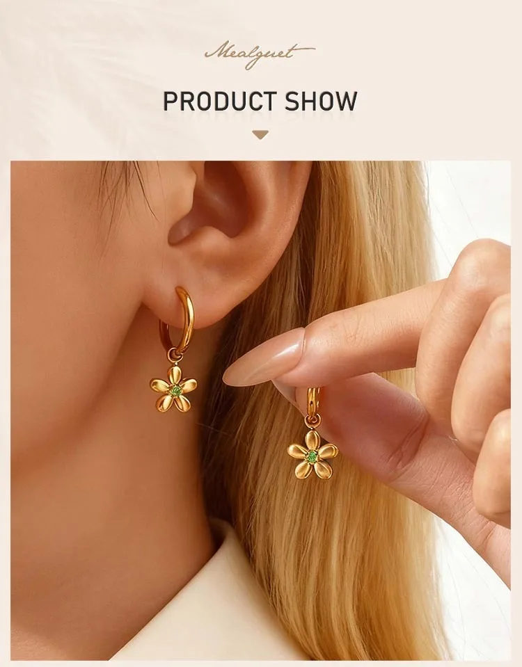 Vintage Luxury Zircon Flower Charms Huggies Hoop Earrings,18k Gold Plated Stainless Steel Earrings, Christmas Gift for Her