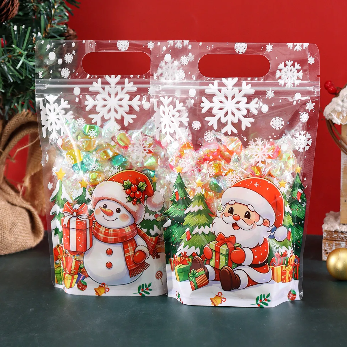 10/20pcs Transparent Christmas Gift Bag Cute Santa Claus Printed Self-Adhesive Candy Bags Home 2026 Xmas Party Supplies
