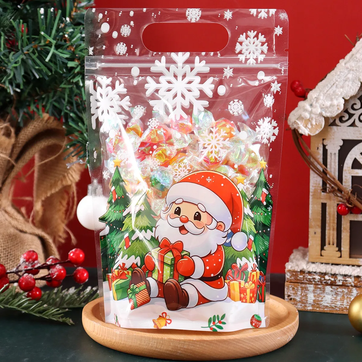 10/20pcs Transparent Christmas Gift Bag Cute Santa Claus Printed Self-Adhesive Candy Bags Home 2026 Xmas Party Supplies