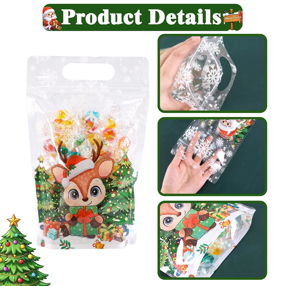 10/20pcs Transparent Christmas Gift Bag Cute Santa Claus Printed Self-Adhesive Candy Bags Home 2026 Xmas Party Supplies