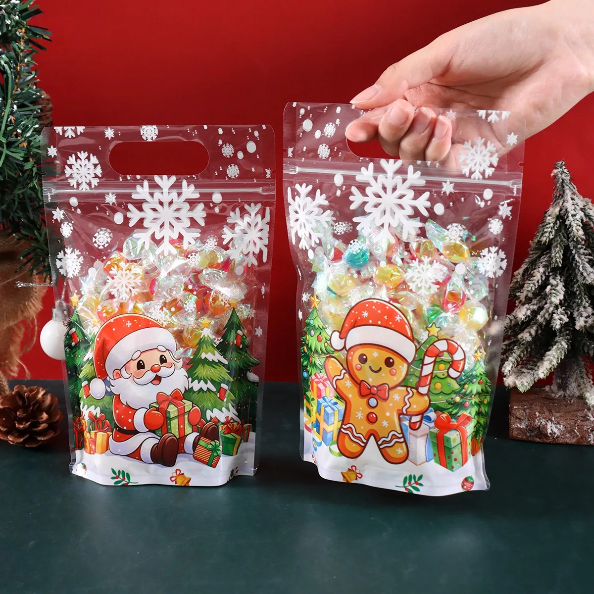 10/20pcs Transparent Christmas Gift Bag Cute Santa Claus Printed Self-Adhesive Candy Bags Home 2026 Xmas Party Supplies
