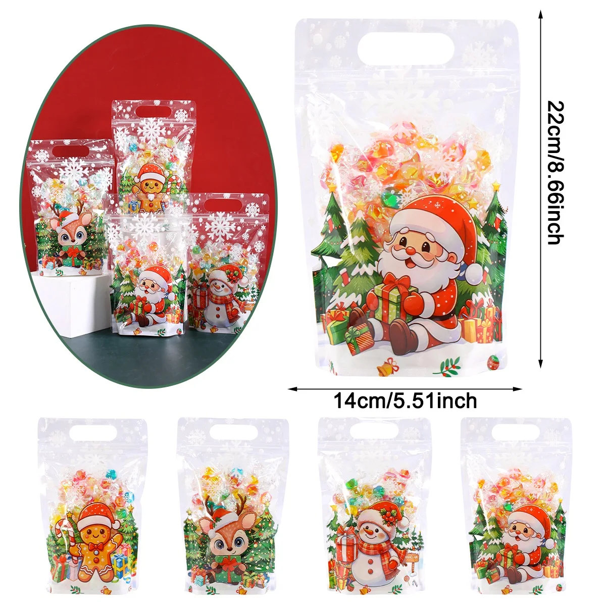 10/20pcs Transparent Christmas Gift Bag Cute Santa Claus Printed Self-Adhesive Candy Bags Home 2026 Xmas Party Supplies