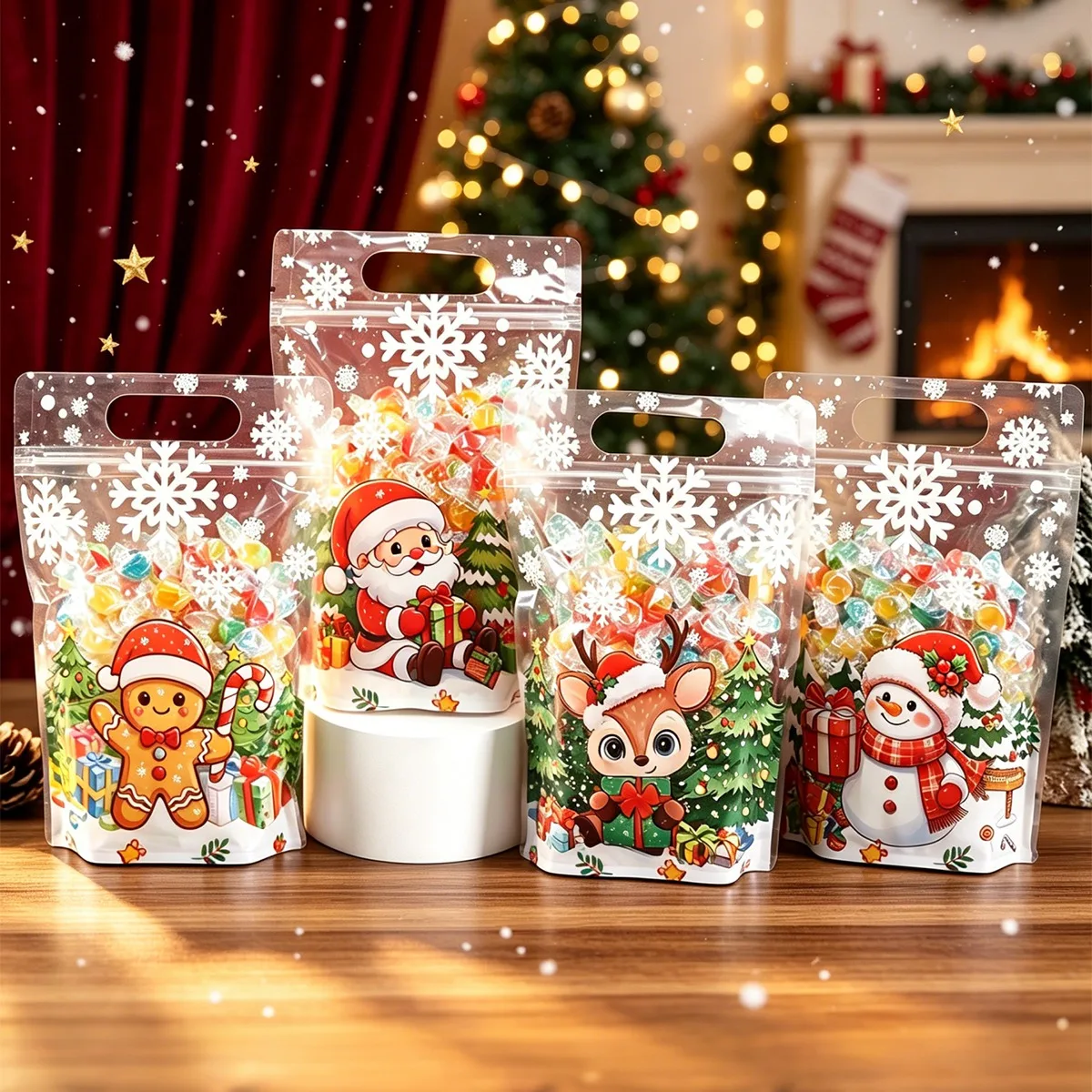 10/20pcs Transparent Christmas Gift Bag Cute Santa Claus Printed Self-Adhesive Candy Bags Home 2026 Xmas Party Supplies