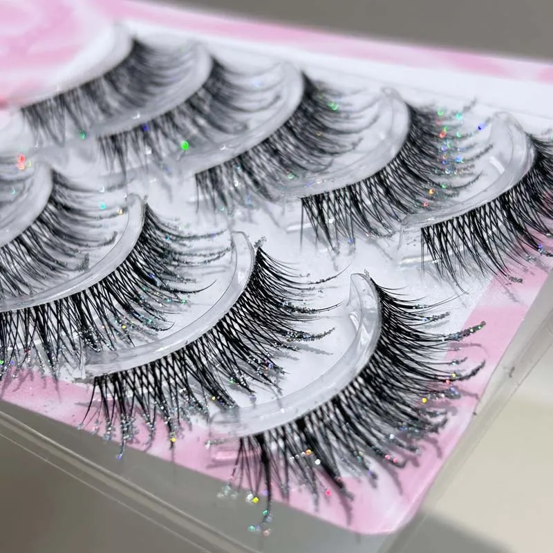 Mixiaohe Thai Style Colorful Diamond Lashes 5 Pairs Sparkling C Curl Fluffy Lashes for Stage Festival Christmas