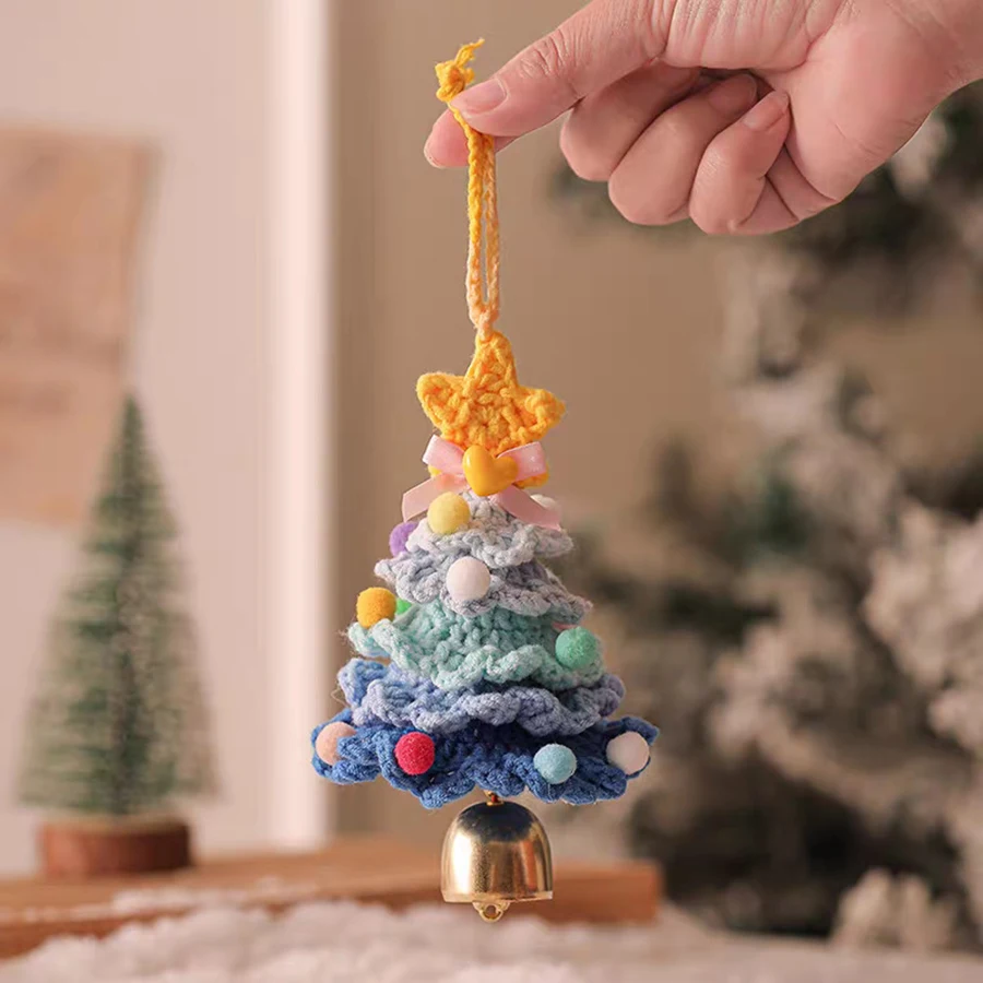 Knitted Christmas Tree with Jingle Bell Plush Christmas Hanging Pendant Wool Crochet Christmas Tree for Christmas Party Decor