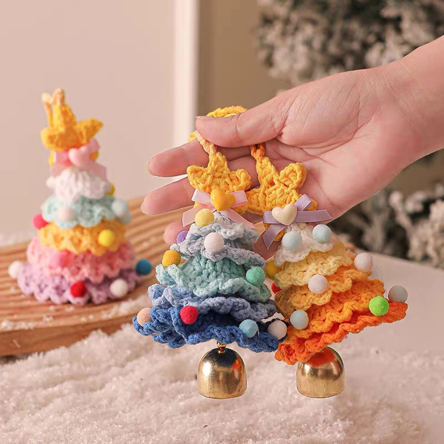 Knitted Christmas Tree with Jingle Bell Plush Christmas Hanging Pendant Wool Crochet Christmas Tree for Christmas Party Decor