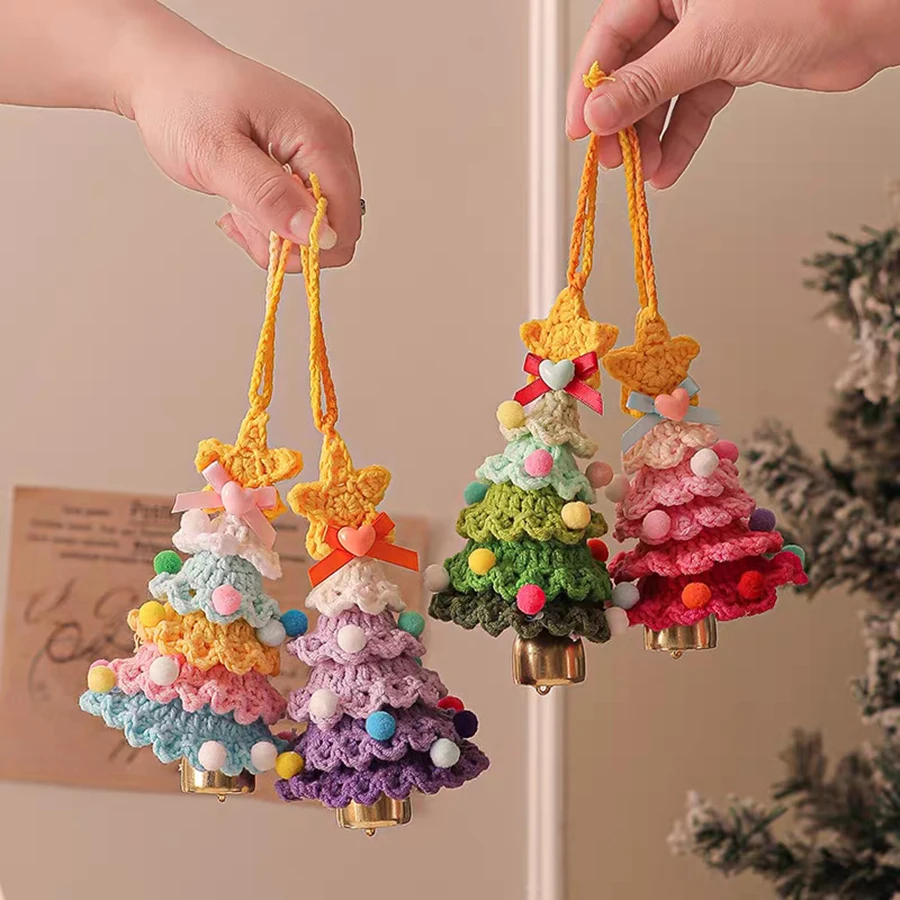 Knitted Christmas Tree with Jingle Bell Plush Christmas Hanging Pendant Wool Crochet Christmas Tree for Christmas Party Decor