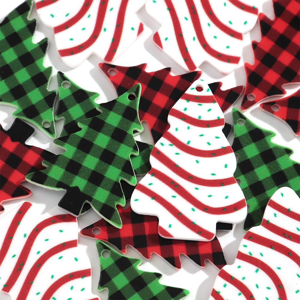 10pcs/lot Christmas Tree Acrylic Charms Snow Green Red Pendant for DIY Handmade Jewelry Making Earring Keychain Accessories