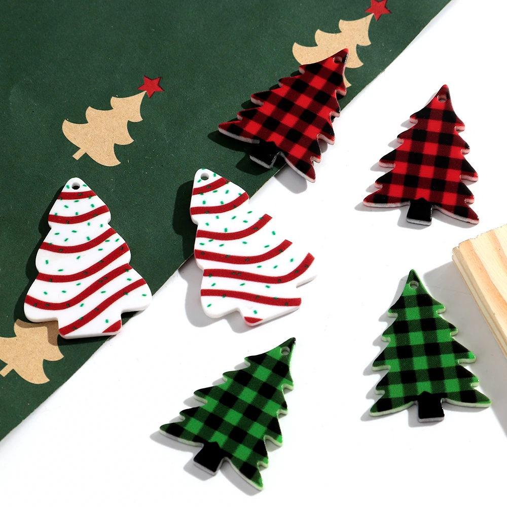 10pcs/lot Christmas Tree Acrylic Charms Snow Green Red Pendant for DIY Handmade Jewelry Making Earring Keychain Accessories