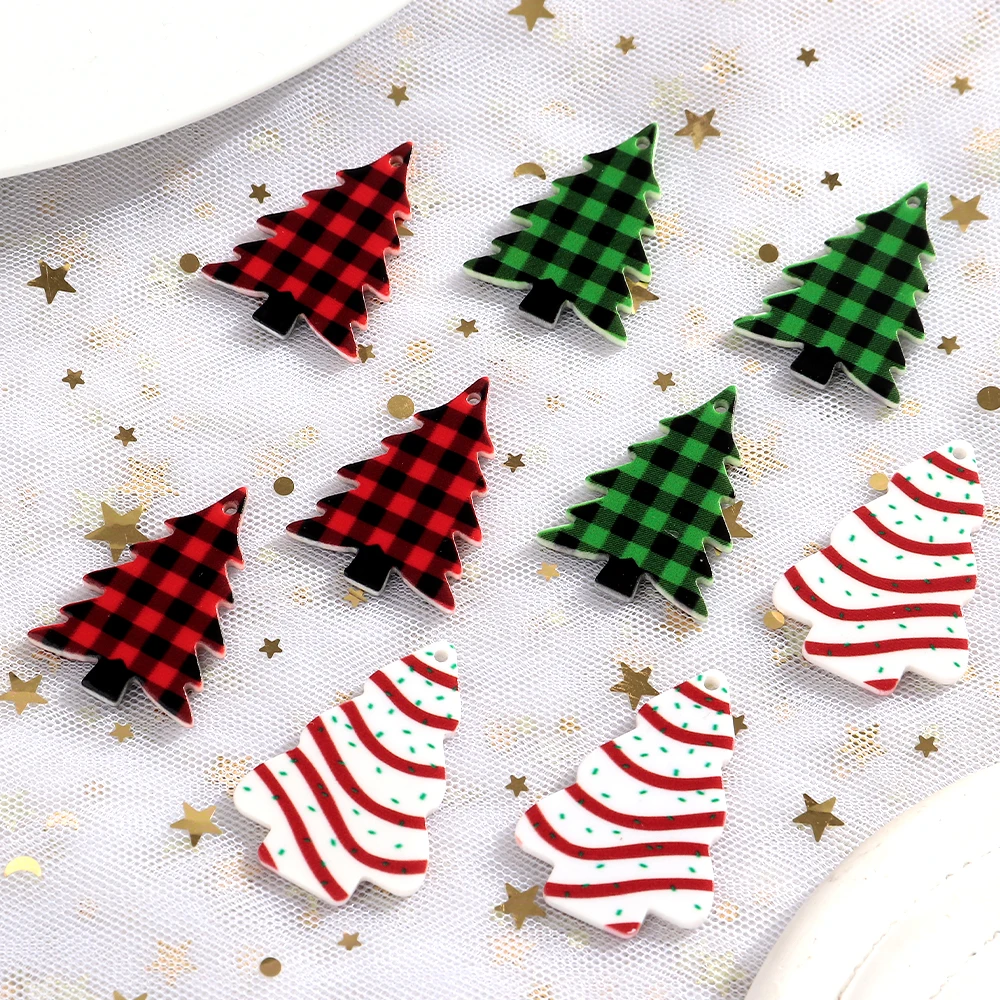 10pcs/lot Christmas Tree Acrylic Charms Snow Green Red Pendant for DIY Handmade Jewelry Making Earring Keychain Accessories