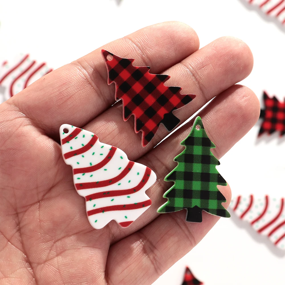10pcs/lot Christmas Tree Acrylic Charms Snow Green Red Pendant for DIY Handmade Jewelry Making Earring Keychain Accessories