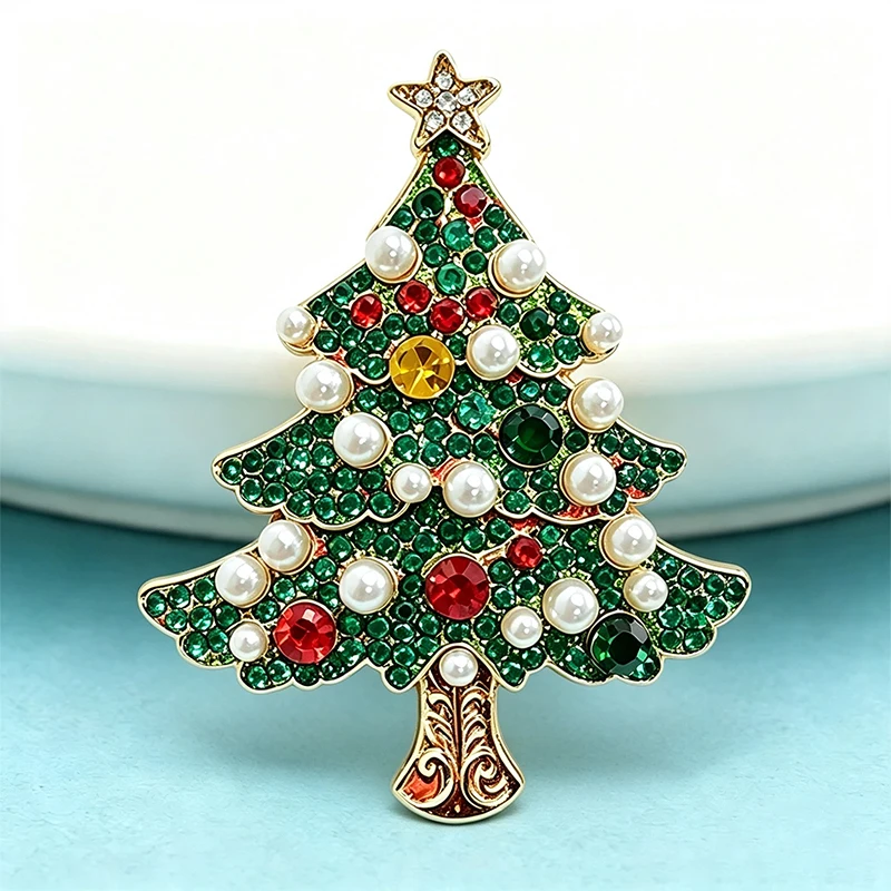 Wuli&baby Shining Christmas Tree Brooches For Women Unisex Pearl Rhinestone New Year Trees Plants Party Office Brooch Pins Gifts