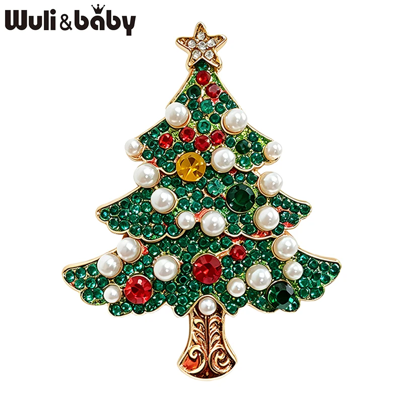 Wuli&baby Shining Christmas Tree Brooches For Women Unisex Pearl Rhinestone New Year Trees Plants Party Office Brooch Pins Gifts