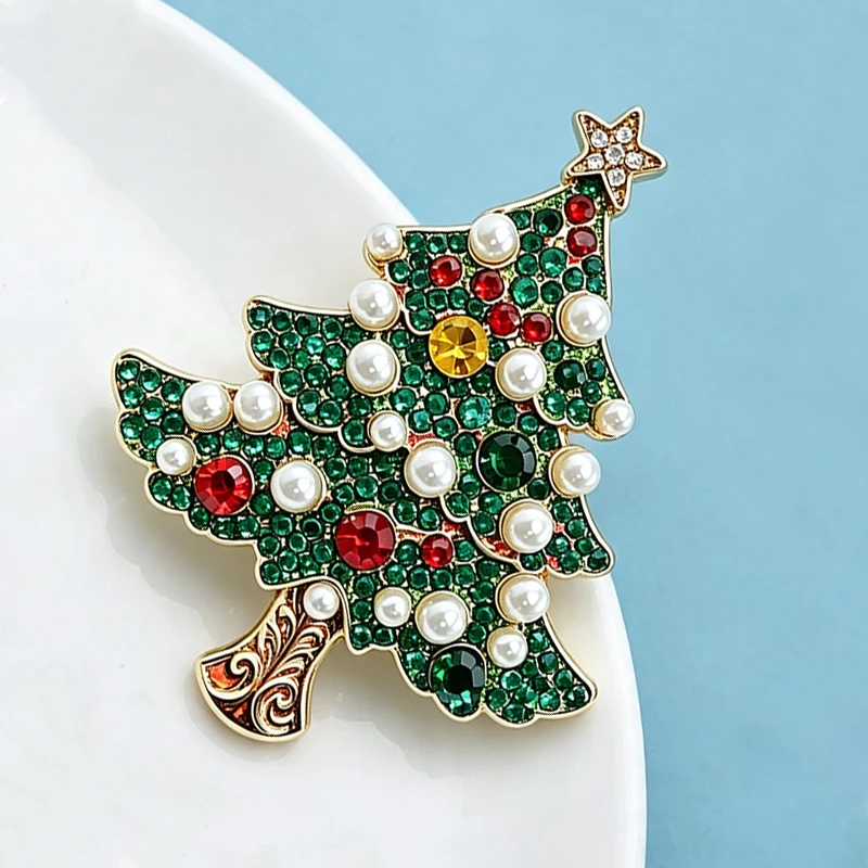 Wuli&baby Shining Christmas Tree Brooches For Women Unisex Pearl Rhinestone New Year Trees Plants Party Office Brooch Pins Gifts