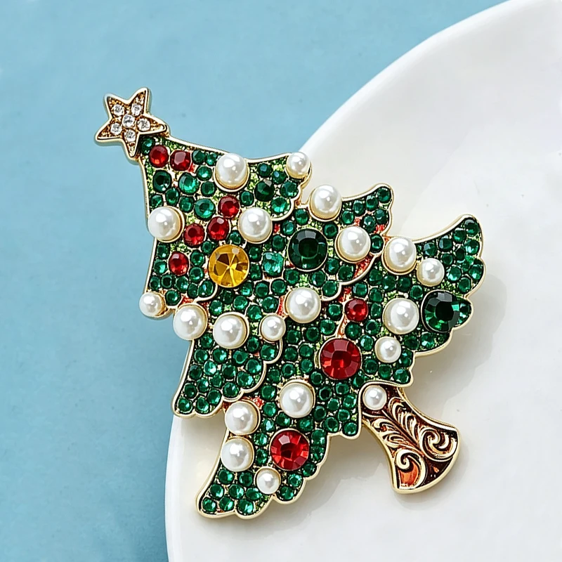 Wuli&baby Shining Christmas Tree Brooches For Women Unisex Pearl Rhinestone New Year Trees Plants Party Office Brooch Pins Gifts