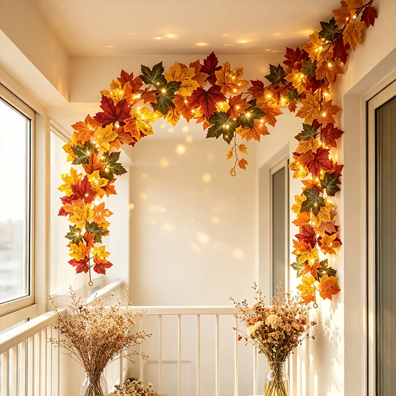 1m Fall Maple Leaf Garland with Lights, Artificial Autumn Leaf Vine, Thanksgiving Halloween Hanging Garland for Decor Christmas