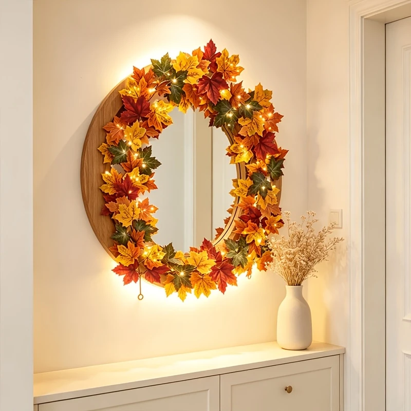 1m Fall Maple Leaf Garland with Lights, Artificial Autumn Leaf Vine, Thanksgiving Halloween Hanging Garland for Decor Christmas