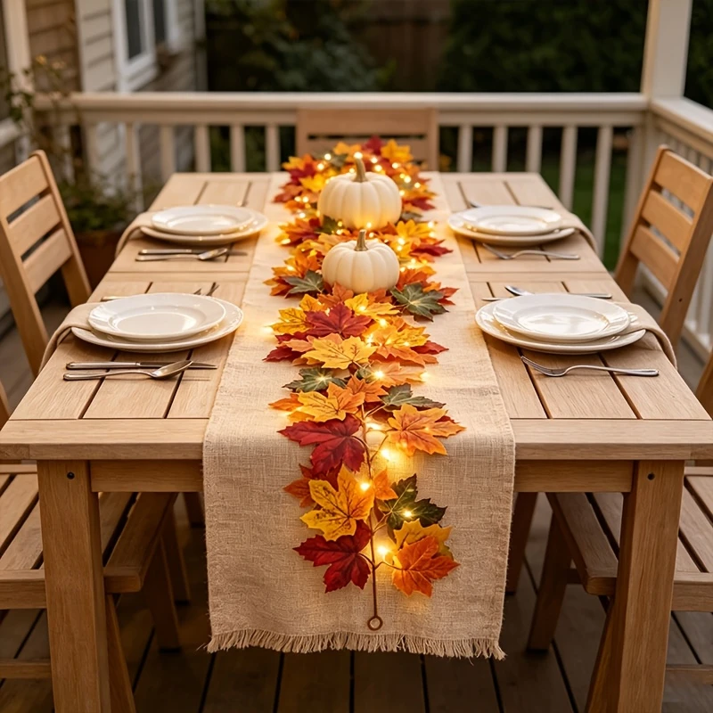 1m Fall Maple Leaf Garland with Lights, Artificial Autumn Leaf Vine, Thanksgiving Halloween Hanging Garland for Decor Christmas