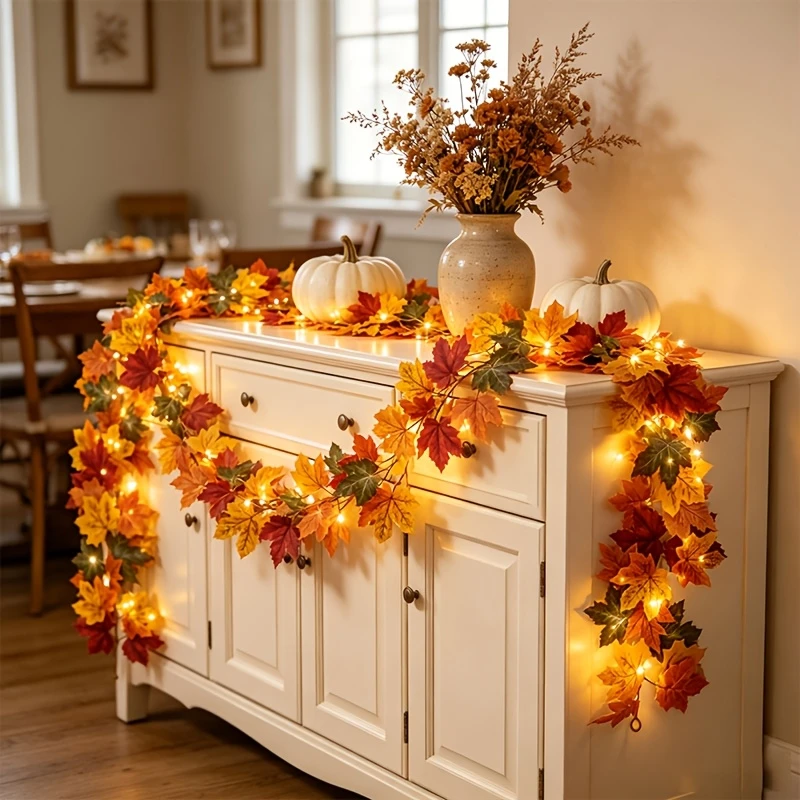 1m Fall Maple Leaf Garland with Lights, Artificial Autumn Leaf Vine, Thanksgiving Halloween Hanging Garland for Decor Christmas